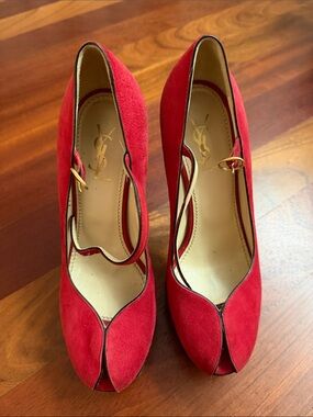 Saint Laurent Red Suede Peep-Toe Pumps with Ankle Strap